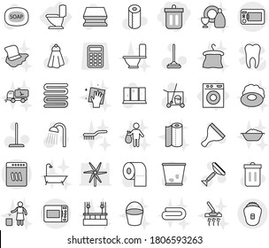 Editable thin line isolated vector icon set - bin, toilet, washing machine, soap vector, scraper, cleaner trolley, mop, sponge, towel, trash, shining window, paper, shower, bucket, wiping, vacuum