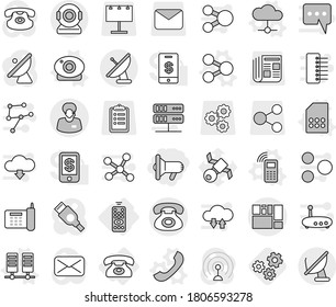 Editable thin line isolated vector icon set - megafon, phone, support manager, consolidated cargo, remote control, share vector, mobile, server, cloud, web camera, sim card, gears, satellite, gear