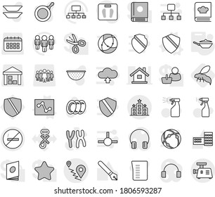 Editable thin line isolated vector icon set - route, hotel, no smoking, shield vector, analytics, pan, wasp, sprayer, plates, colander, measuring cup, cookbook, pen, school building, man, hierarchy