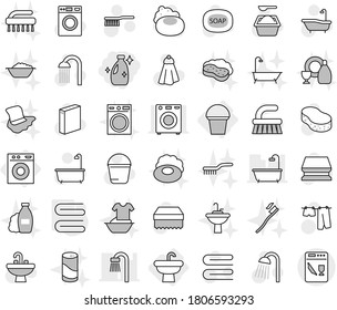 Editable thin line isolated vector icon set - cleanser, sink, washing machine, bucket, towel, soap vector, fetlock, sponge, bath, drying clothes, washer, powder, shower, shampoo, tooth brush, dish