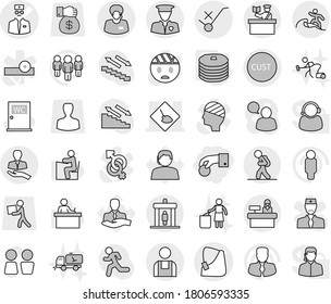 Editable thin line isolated vector icon set - hand coin, broken vector, doctor, under construction, client, support manager, customs, do not trolley sign, security man, workman, tourist, detector