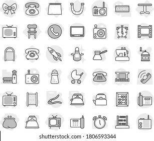 Editable thin line isolated vector icon set - bow, purse, phone, tv, baby stroller, church, rocket, curtain, table, chair, kettle, walnut crack, horseshoe, washboard vector, apron, hand mill, abacus