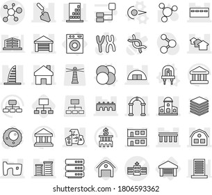 Editable thin line isolated vector icon set - hospital vector, virus, bridge, home, mansion, skyscraper, bunker, houses, slum, garage, hangare, modern architecture, modular house, district, arch