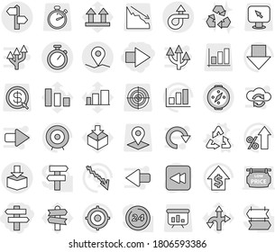 Editable thin line isolated vector icon set - right arrow, singlepost, trip, signpost, geo pin, package, stopwatch, compass, recycle vector, recycling, graph, crisis, percent growth, dollar, target