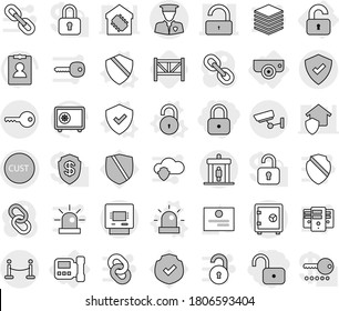 Editable thin line isolated vector icon set - lock, unlock, customs, protected, security man, vip fence, detector, atm, surveillance, key, safe, unlocked, intercome, camera, shield vector, siren