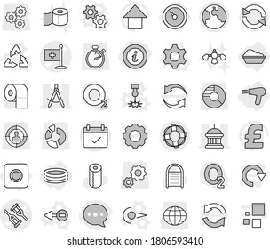 Editable thin line isolated vector icon set - balloon, info, crutch vector, medical flag, draw compass, goverment house, terms, earth, lifebuoy, barometer, ring button, washing, inflatable pool