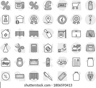 Editable thin line isolated vector icon set - label, sale, medal, info, smart house, geo pin, do not hook sign, bar code, heavy, train, identity card, distrub, grill oven, pear, jar vector, pen, buy