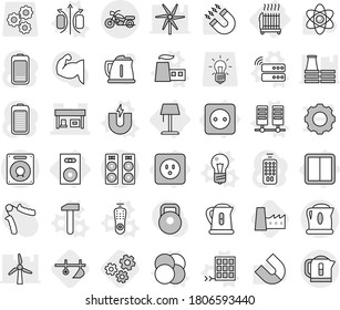 Editable thin line isolated vector icon set - gas station, motorcycle, power socket, switch, speaker, radiator, floor lamp, atom core vector, magnetic field, magnet, bulb, factory, server, hammer