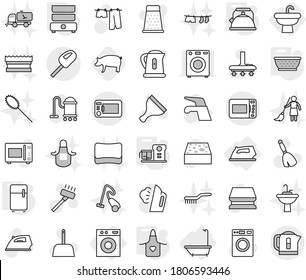 Editable thin line isolated vector icon set - sink, bath, iron, washing machine, kettle, colander, apron, double boiler, fridge, food processor, pig, scraper vector, broom, water tap, vacuum cleaner