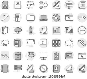 Editable thin line isolated vector icon set - store signboard, singlepost, archive vector, important flag, documents, escalator, no smoking, satellite antenna, chip, cloud service, sim card, signal