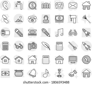 Editable thin line isolated vector icon set - ear vector, pacemaker, home, pencil, rocket, landscape, electricity, phone, bell, laser, link, pretzel, fork, rake, wiping, pen, glasses, calculator