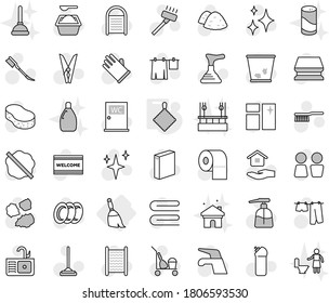 Editable thin line isolated vector icon set - broom, rag, plunger vector, cleaner trolley, water tap, vacuum, fetlock, mop, clothespin, sponge, towel, trash bin, car, shining, window cleaning, agent