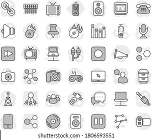 Editable thin line isolated vector icon set - loudspeaker, tv, camera, remote control, vector, share, disk, music hit, antenna, satellitie, speaker, gamepad, equalizer, microphone, mobile phone, rec