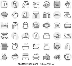 Editable thin line isolated vector icon set - palm, diving mask, surfer, cruise ship, yacht, windsurfing, water tap, sink, inflatable pool, plate washing, towels, kettle, rain cloud, watering can
