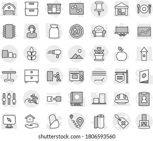 Editable thin line isolated vector icon set - flower, medical label vector, tower, barn, building helmet, pin, route, courier delivery, sorting, lounger, cafe, surfer, landscape, table, wardrobe