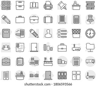Editable thin line isolated vector icon set - store, list, calculator, copybook, pencil, skyscraper, door, school, sorting, hotel, reception, watch, printer vector, shining window, trash bin, case