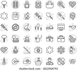 Editable thin line isolated vector icon set - doctor bag vector, ambulance star, medical thermometer, syringe, patch, pills blister, mortar, head reflector, anamnesis, potion bottle, stomach, siren