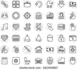 Editable thin line isolated vector icon set - baby stroller, medical cross vector, disability, dna, calendar, syringe, garage, home, ring button, wireless mouse, browser window, link, pan, bucket