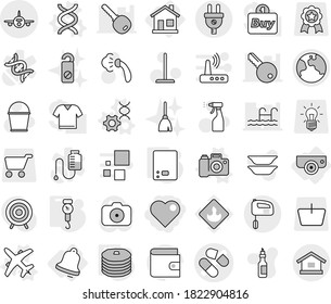 Editable thin line isolated vector icon set - heart, pill vector, plane, earth, home, surveillance camera, bell, dna, edit, kitchen scales, handle, pancakes, mop, bucket, steaming, sprayer, broom