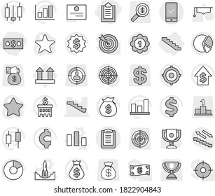 Editable thin line isolated vector icon set - clipboard, money, stairs, mobile checking, rocket start vector, chart, graduate hat, award cup, certificate, graph, pie, japanese candle, bag, target