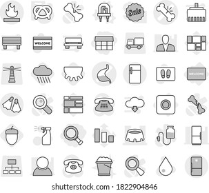 Editable thin line isolated vector icon set - market, magnifier, broken bone vector, stomach, stadium, flammable, flippers, ring button, welcome mat, led, pretzel, rain cloud, udder, acorn, sprayer