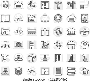 Editable thin line isolated vector icon set - home, chromosomes vector, hospital, virus, bridge, building, skyscraper, slum, garage, construction, tower crane, plan, house, architector, arch, photon