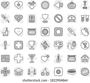 Editable thin line isolated vector icon set - left arrow, wineglass, medical cross vector, crutch, dropper, barn, location details, warehouse, vip fence, ring button, laser, analytics, beans, cherry