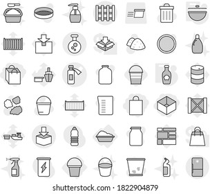 Editable thin line isolated vector icon set - shopping bag, box, potion bottle vector, package, chemical, pallet, washing, bucket, cauldron, ketchup, trash bin, garbage pile, sprayer, cleanser, jar