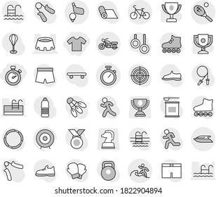 Editable thin line isolated vector icon set - t shirt, stopwatch, stadium, bike, motorcycle, surfer, tennis, golf, yacht, award cup vector, target, weight, jump rope, hand trainer, punching bag, run