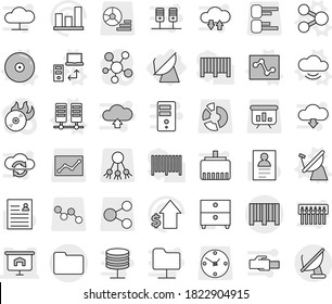 Editable thin line isolated vector icon set - presentation, documents, bar code, satellite antenna, share vector, server, cloud service, data transfer, analytics, cd, archive, personal information