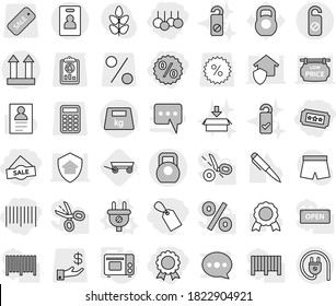 Editable thin line isolated vector icon set - label, sale, percent, bar code, medal, ticket, cargo top sign, heavy, identity card, do not distrub, plug vector, grill oven, trailer, package, pen