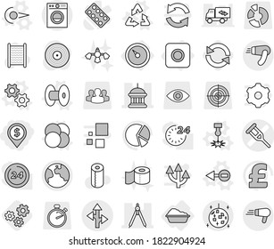 Editable thin line isolated vector icon set - dollar pin, crutch vector, goverment house, drawing compasses, route, earth, disco ball, barometer, ring button, washing, gears, atom core, photon, coil
