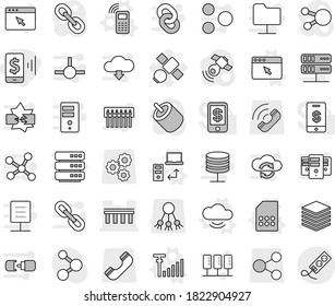Editable thin line isolated vector icon set - mobile pay, bridge, phone vector, cloud service, data transfer, sim card, browser window, antenna signal, molecule, satellite, share, gear, call, link
