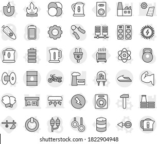 Editable thin line isolated vector icon set - factory, gas station, barrel, motorcycle, jet ski, electricity, speaker, radiator, atom vector, core, electron, magnet, led, on off button, coil, server