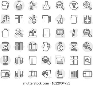 Editable thin line isolated vector icon set - flask vector, window, arch, fragile, cargo top sign, chemical, sand clock, search, data, measuring cup, jug, wine, cleaning, shining, wiping, spices