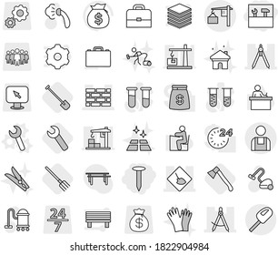 Editable thin line isolated vector icon set - tools, nail, under construction, draw compass, brick wall, drawing compasses, loading, workman, wrench vector, shovel, fork, axe, vacuum cleaner, gloves