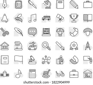 Editable thin line isolated vector icon set - sms, transfer, rocking chair, croissant, mushroom, wasp, book vector, copybook, pen, pencil, school building, blackboard, drawing compass, glasses, case
