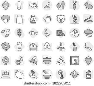 Editable thin line isolated vector icon set - mortar vector, barn, flower bed, tourist, palm, flippers, landscape, in window, windmill, recycle, dna edit, cauldron, walnut crack, flour, carrot, pig
