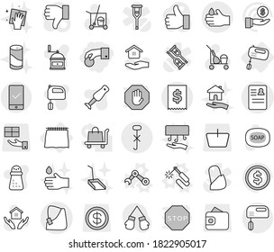 Editable thin line isolated vector icon set - hand coin, anamnesis vector, broken, tax, do not hook sign, acid, mobile checking, curtain, mixer, welding, robot, soap, cleaner trolley, house hold