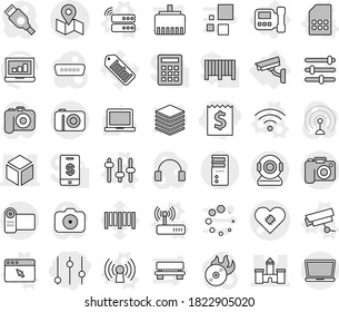 Editable thin line isolated vector icon set - receipt, equalizer, pacemaker vector, castle, 3d, map, camera, intercome, surveillance, antenna, server, wireless, setup, sim card, router, notebook pc