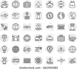 Editable thin line isolated vector icon set - dollar pin, drawbridge, airport building, tower, minaret, globe, map, scooter shipping, broken, plane, train, bus, air ballon, suitcase, baggage get