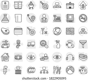 Editable thin line isolated vector icon set - flask vector, eye, recipe, route, workman, earth, transfer, chest of drawers, bbq, analytics, no signal, pan, steake, house, sprayer, plates, cookbook