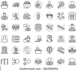 Editable thin line isolated vector icon set - wc, dollar pin, list, hospital vector, ear, health care, stairs, client, deltaplane, tourist, inspector, garbage bin, home call cleaning, student, man