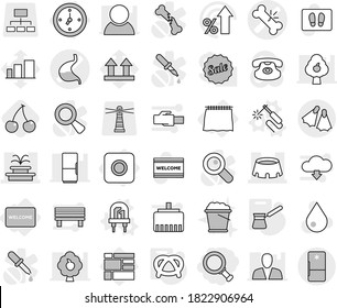 Editable thin line isolated vector icon set - magnifier, broken bone vector, stomach, fountain, stadium, flippers, watch, curtain, ring button, welcome mat, led, welding, turk, pretzel, cherry, sale