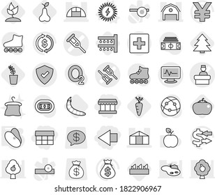 Editable thin line isolated vector icon set - market, left arrow, crutch vector, monitor pulse, hospital recieption, barn, greenhouse, protected, first aid, solar power, beans, watering, seedling