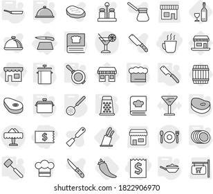 Editable thin line isolated vector icon set - receipt, shop, hot drink, cocktail, cafe, restaurant, cutting board, stands for knives, pan, chief hat, skimmer, chef knife, meat hammer, cooking book