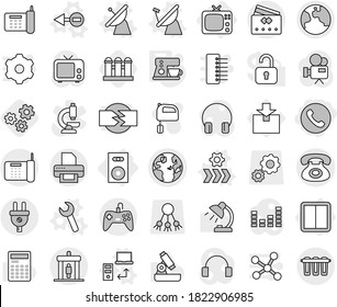 Editable Thin Line Isolated Vector Icon Set - Phone, Globe, Earth, Detector, Credit Card, Power Switch, Tv, Speaker, Electron Vector, Satellite Antenna, Data Transfer, Wrench, Conveyor, Coffee Maker