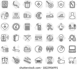 Editable thin line isolated vector icon set - bin, mobile pay, info, sand clock vector, dropper, pacemaker, route a to b, sorting, baggage checking, shark flipper, bulb, garage, iron board, pan, and