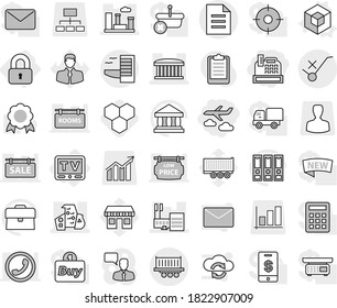 Editable thin line isolated vector icon set - cashbox, journey, mall, airport building, modern architecture, city, truck shipping, document, do not trolley sign, hotel, locked, tv, 3d vector, medal