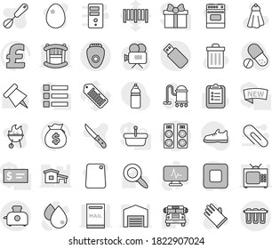 Editable thin line isolated vector icon set - vacuum cleaner vector, towel, trash bin, rubber glove, whisk, knife, cutting board, oven, bbq, egg, clipboard, paper pin, school bus, magnifier, pound